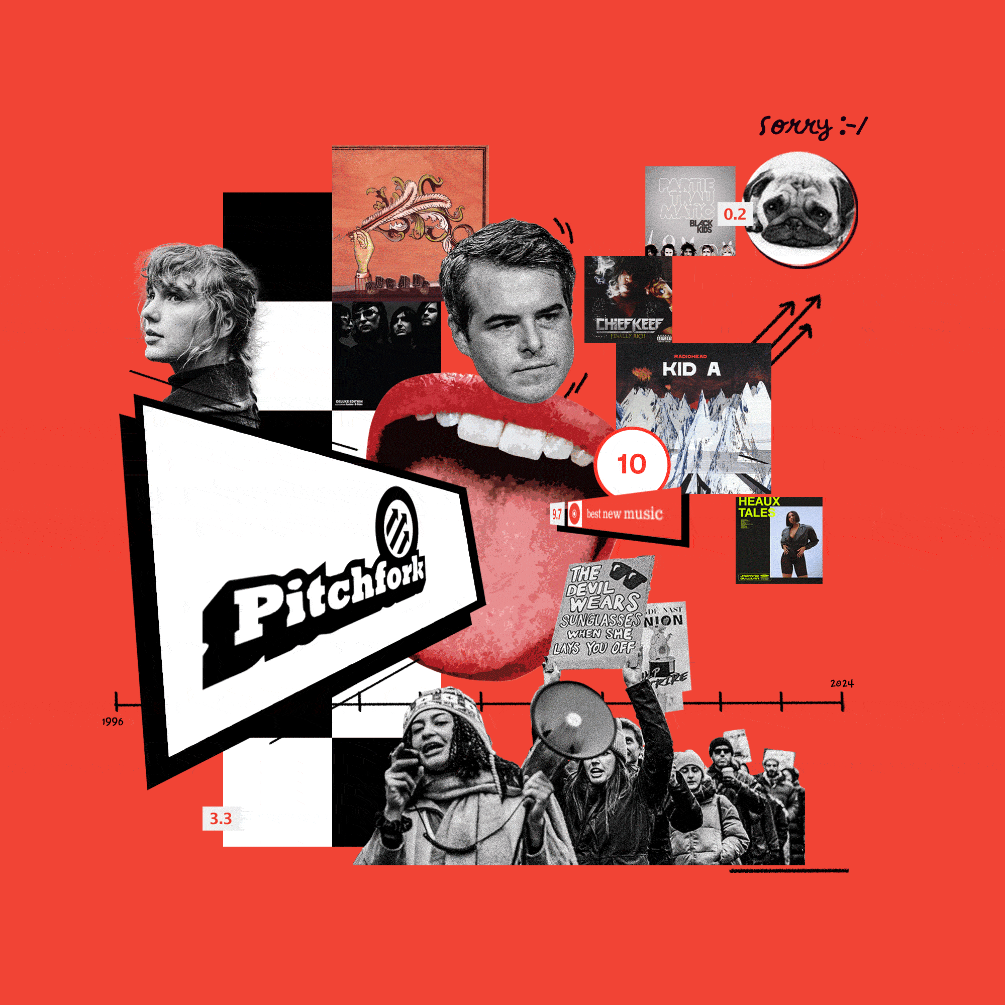 A collage of mentioned artists and Pitchfork moments. 