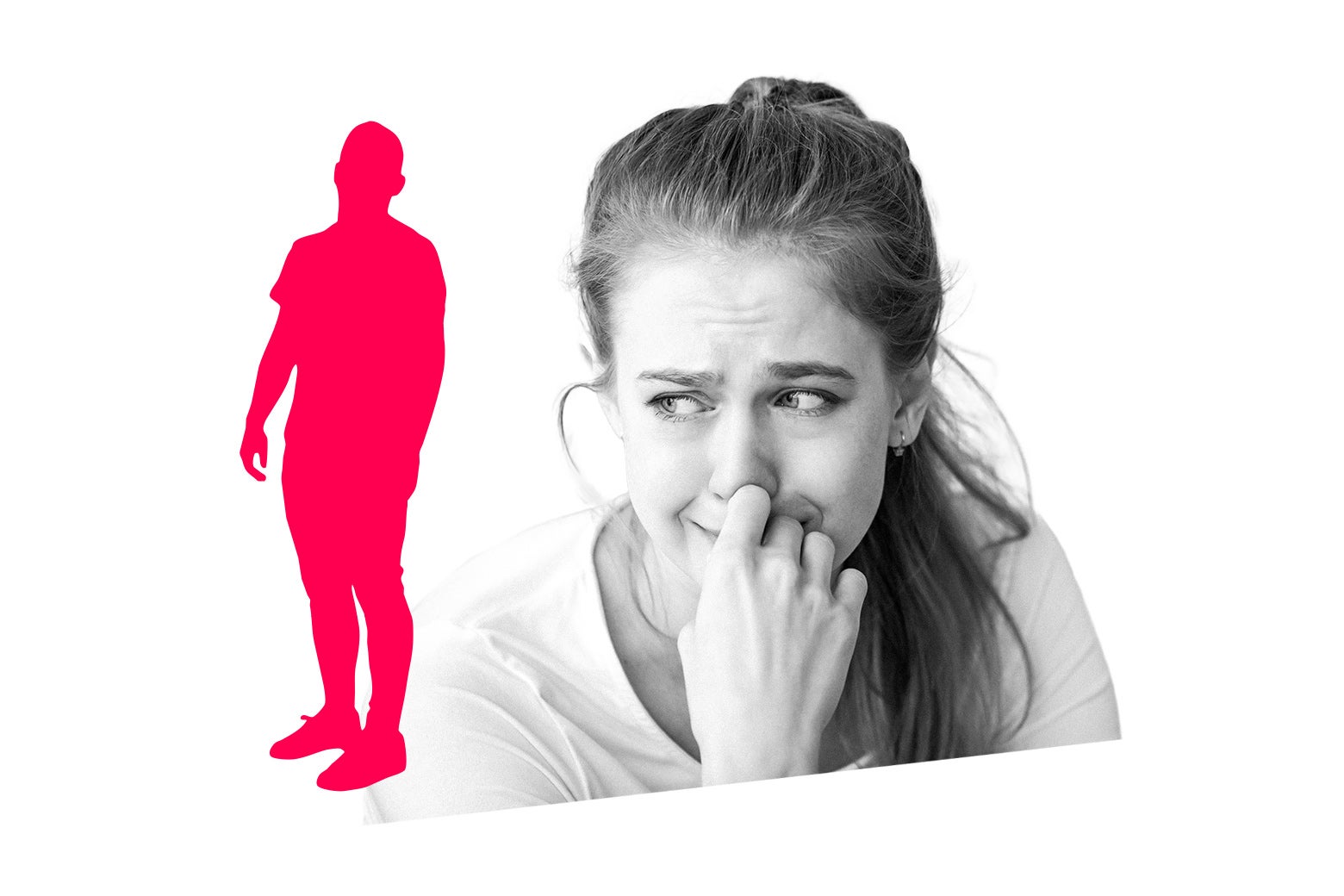 A young woman looks sad at the silhouette of a man.