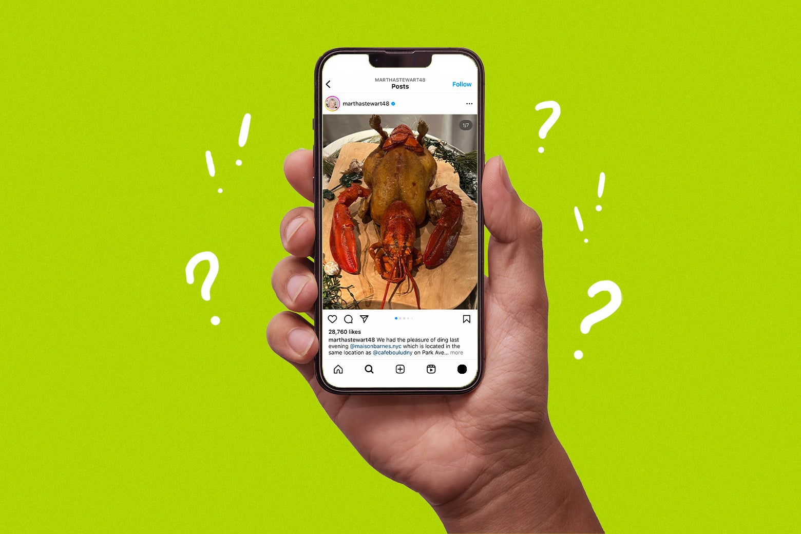 A hand holds a phone displaying a post from Martha Stewart's Instagram, with a chicken-lobster dish. 
