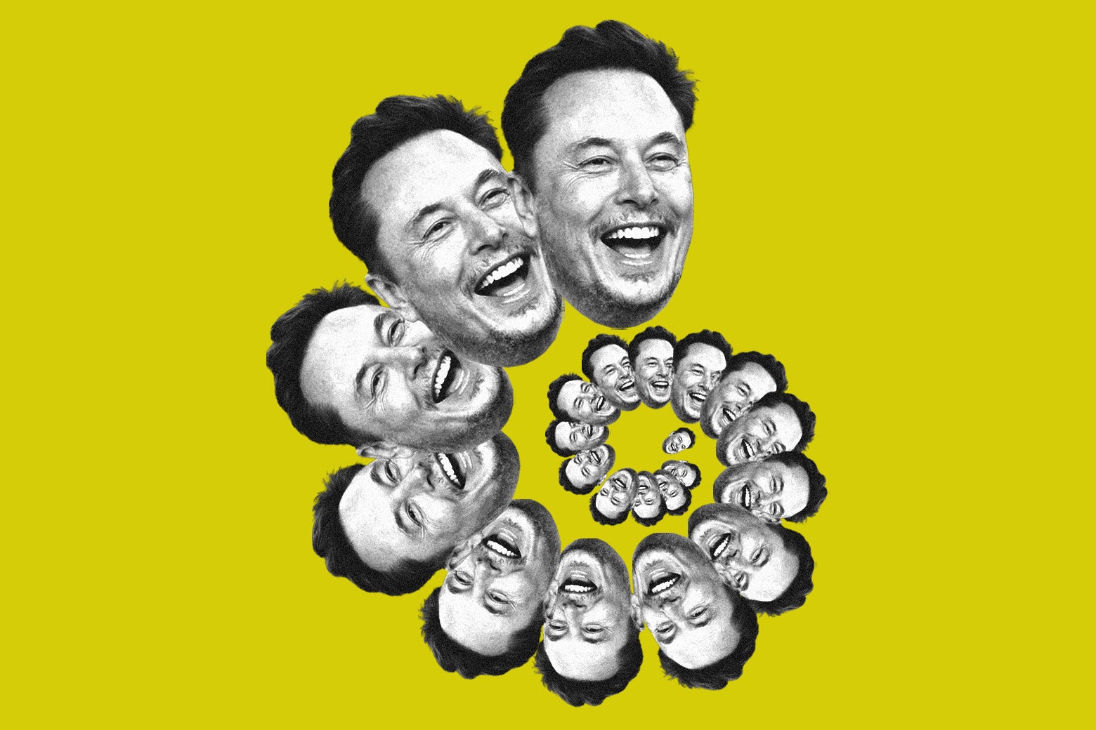 A descending spiral of cackling Elons against a yellow background.