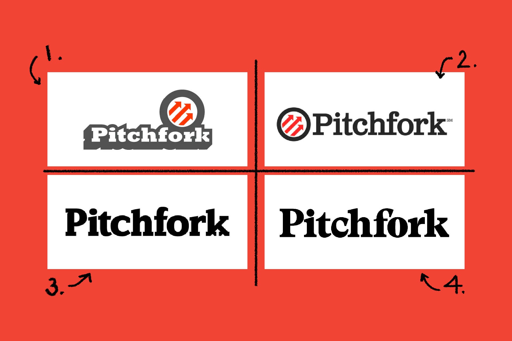 Four iterations of the Pitchfork logo over the years.