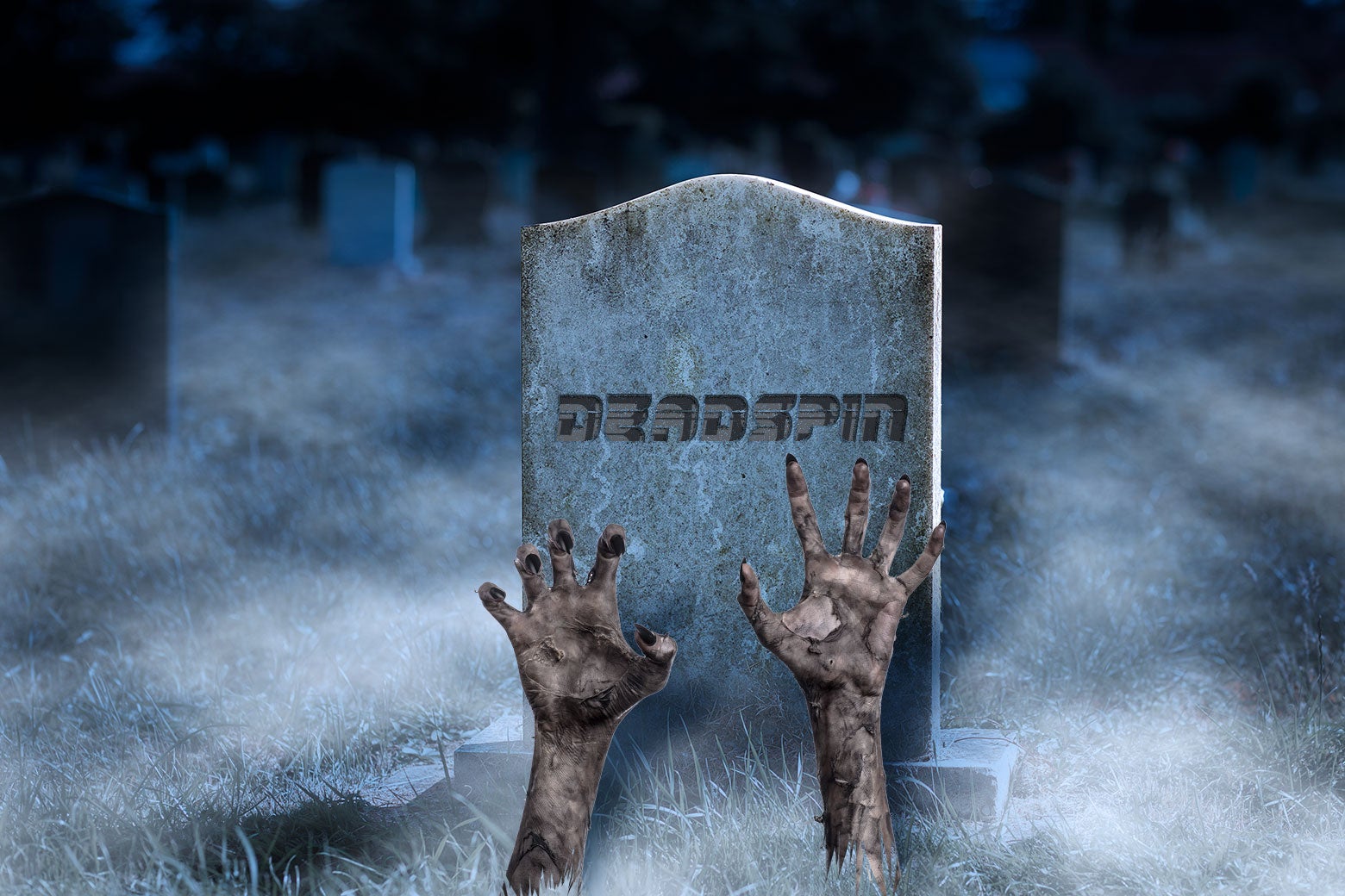 A tombstone with a zombie coming out of the grave. 