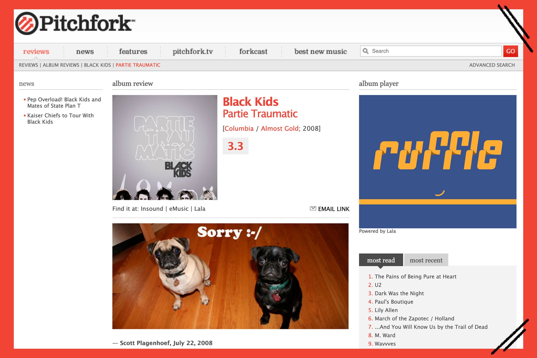 A screenshot of the Pitchfork review has the emoji Sorry :-/ over a picture of two pugs. 